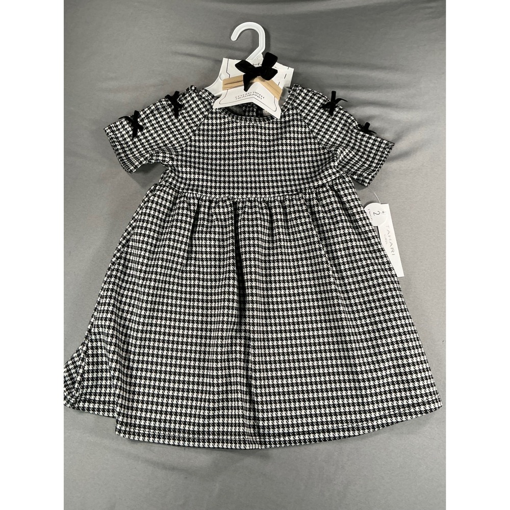 NWT Tahari Girl Black White Houndstooth Dress Headband Set 2 Piece Size 3T